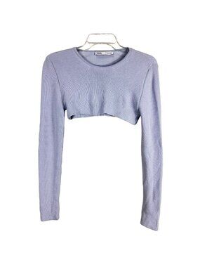 ZARA Light Blue Ribbed Knit Crop Top Long Sleeve Size Medium